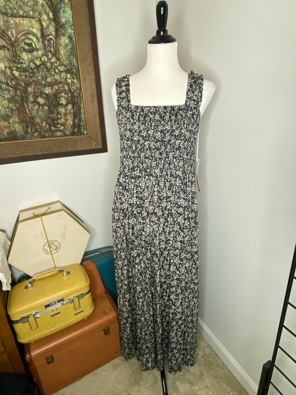 Seas Westbreeze NWT Black Floral Smocked Maxi Dress L 10-12